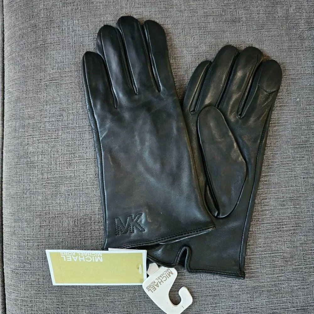 Michael Kors Women's Black Quilted Logo Leather Gloves Size XLar…